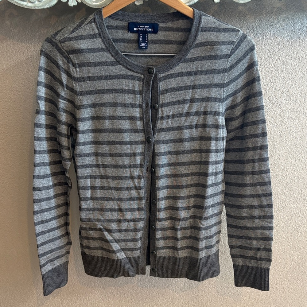 Lands' End Charcoal and Light Gray Striped Cardigan